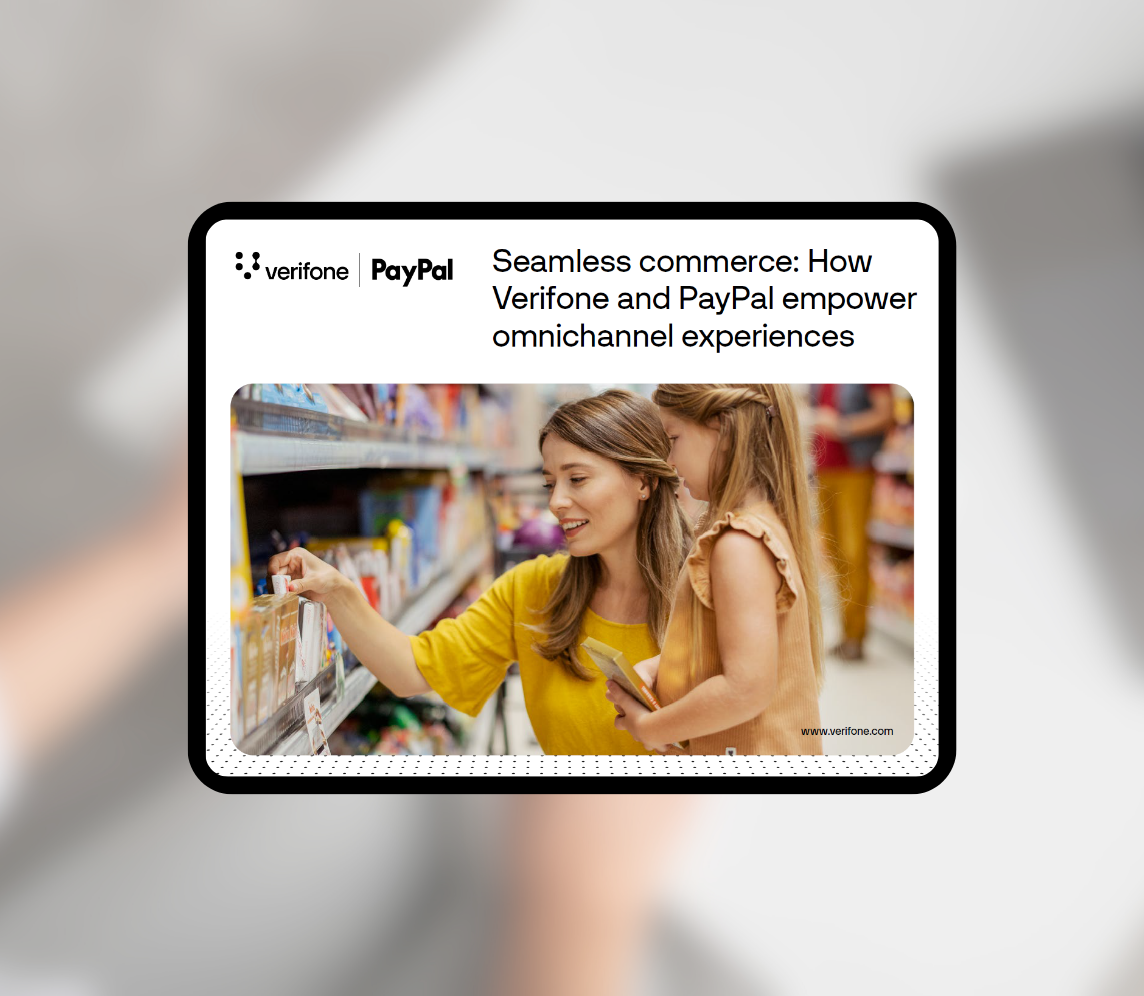 Mother and daughter shopping together in a store aisle with the text 'Seamless commerce: How Verifone and PayPal empower omnichannel experiences' and logos of Verifone and PayPal.